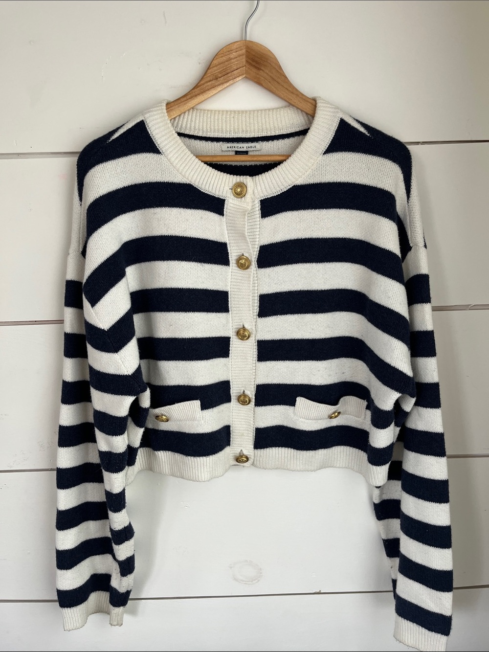 American Eagle Outfitters Navy and White Striped Gold-Button Cardigan